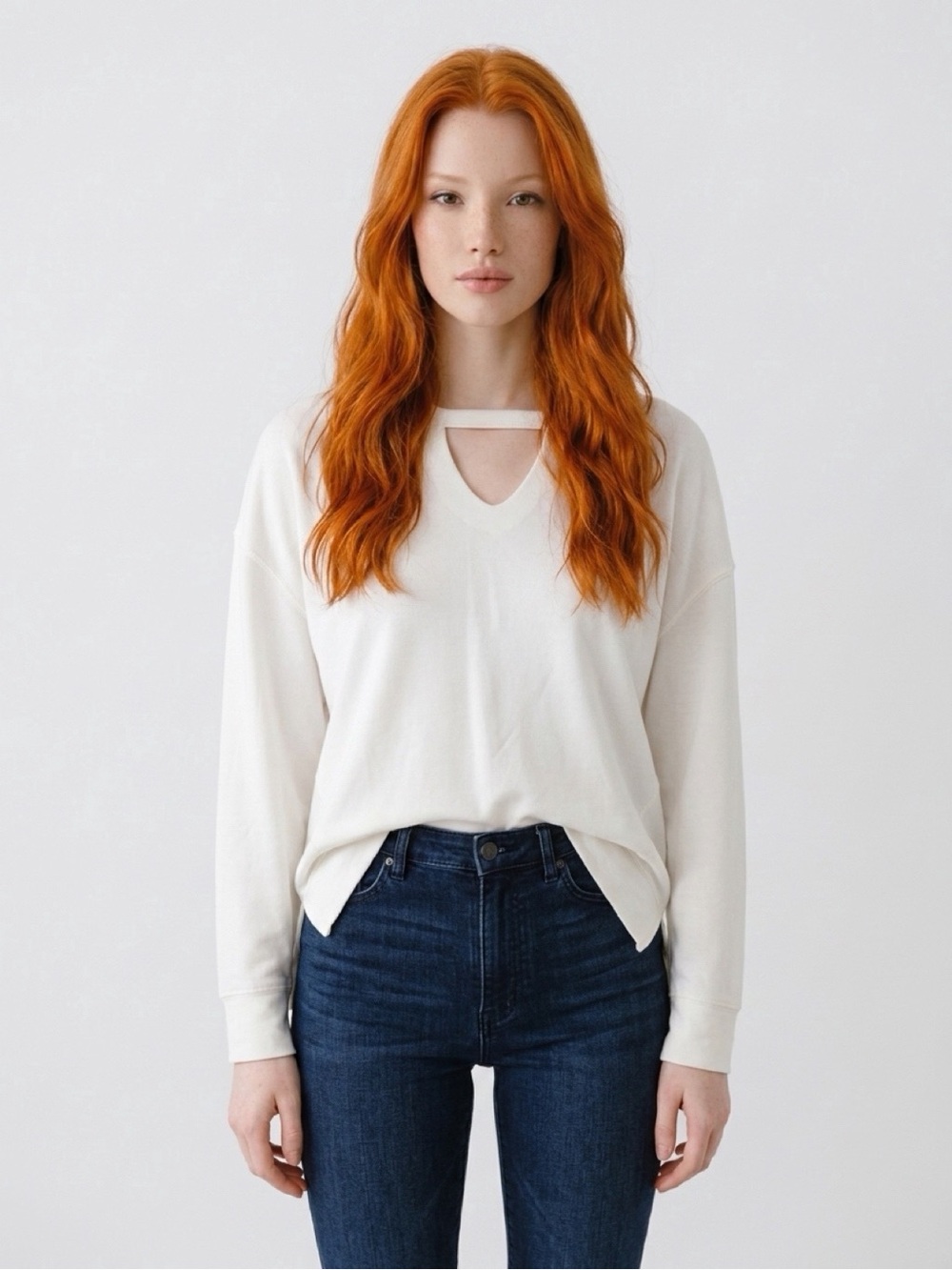 Women's Cream V-Neck Cutout Sweater